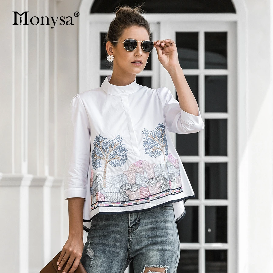 Embroidery Shirt Women Summer Autumn 2020 New Arrival Fashion 3/4 Sleeve Casual Blouses Ladies White Doll Shirt