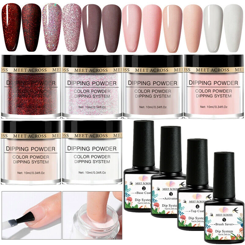 MEET ACROSS Nude Pink Series Dipping Nail Powder Set Sparkling Gradient Nail Glitter Natural Dry Dip Nail Chrome Decoration Kits