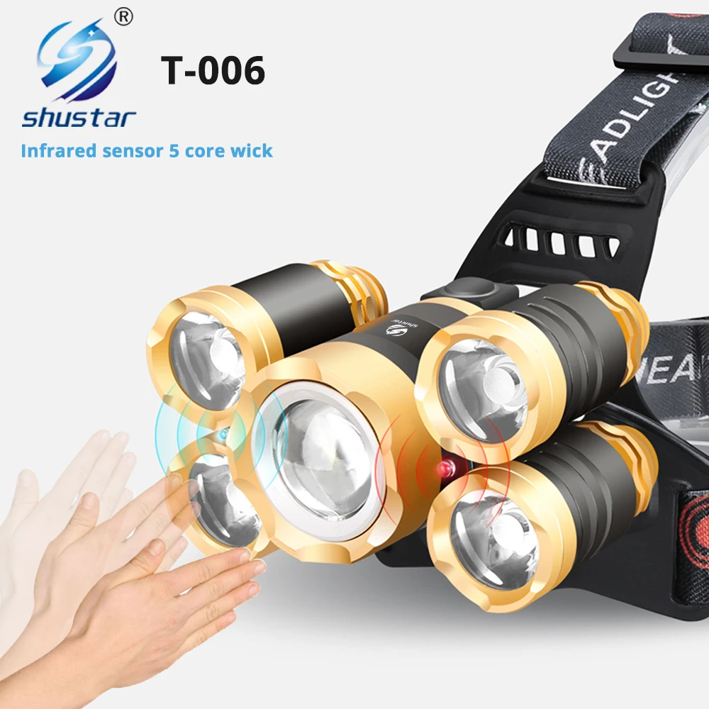 Super Bright LED Headlamp with Sensor Headlight Waterproof Zoomable Use 2*18650 Battery Suitable for Expedition, Fishing, Etc.