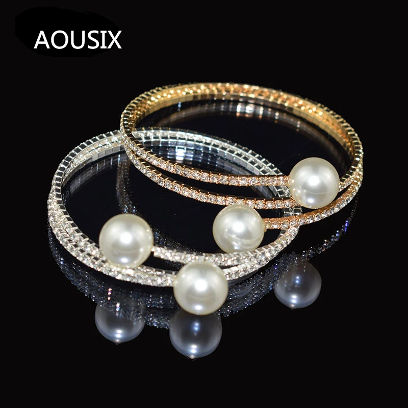 Fashion Imitation Pearl Crystal Bracelet Ladies Gold Silver Plated Bangle 1/2 Row Rhinestone Cuff Bracelet Pulseras Mujer Gift