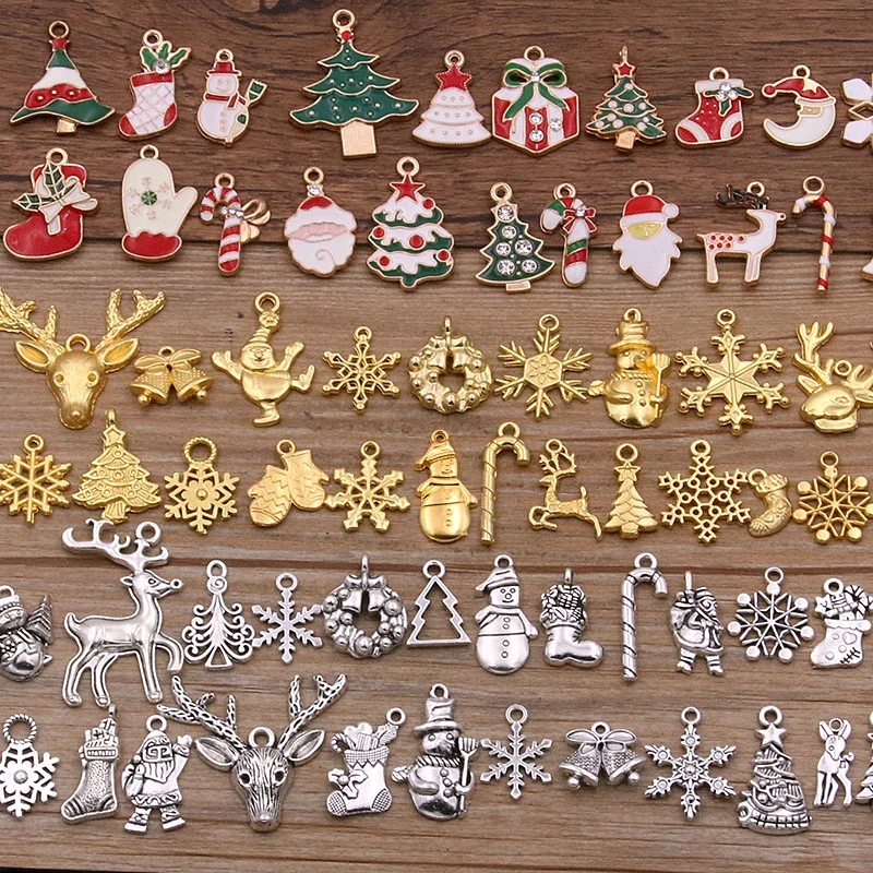Random 20Pcs Mix Size 10- 40 Style Alloy Metal Christmas Drop Oil Charms Gold Pendant For DIY Bracelet Necklace Jewelry Making