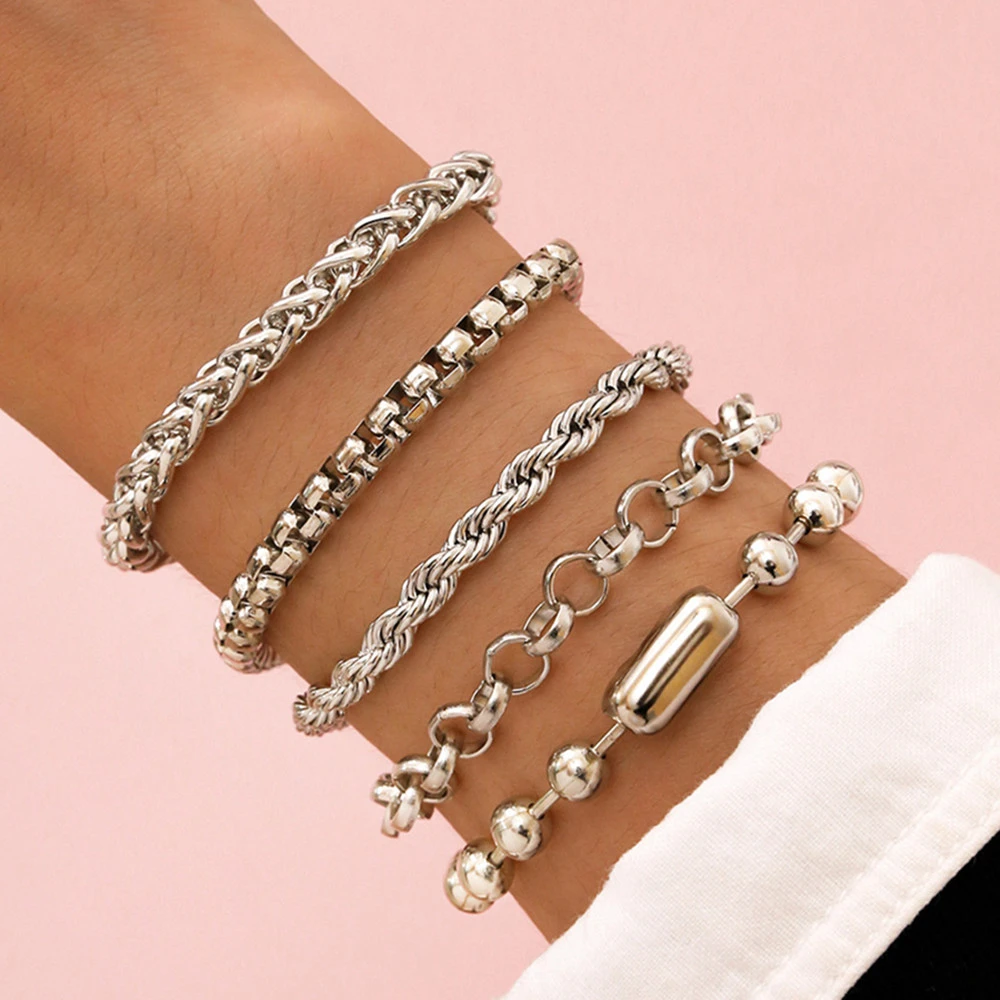 DIEZI Multilayer 5PCS/set Box Chain Bracelets Bangles Women Men Silver Color Beads Bracelet Sets Couples Vintage Boho Jewelry