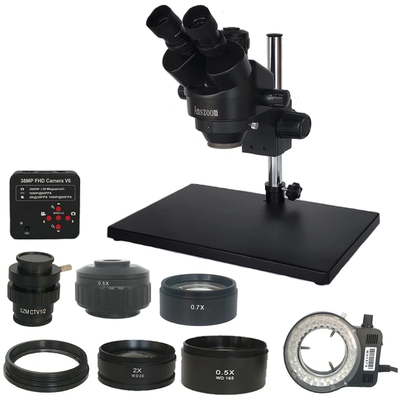 Russia Free Shipping 7X-45X 3.5X-90X Trinocular Stereo Zoom Big Table Stand Microscope WF20X  0.5X 2.0X Auxiliary Objective Lens