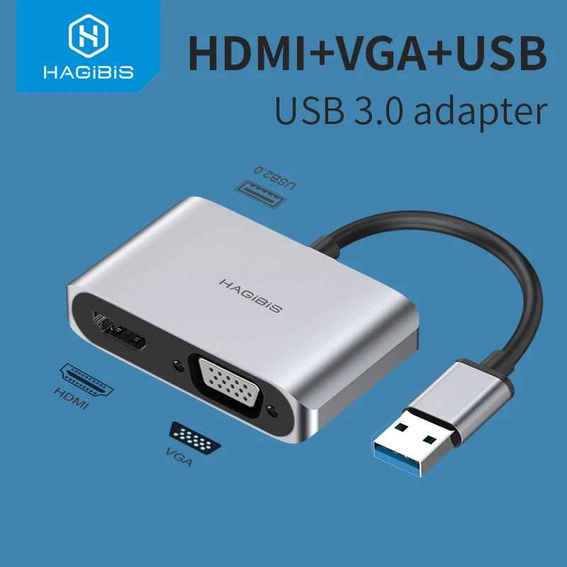 Hagibis USB 3.0 to HDMI-compatible VGA Adapter 4K HD Multi-Display 2in1 USB to HDMI-compatible Converter for Windows 7/8/10 OS