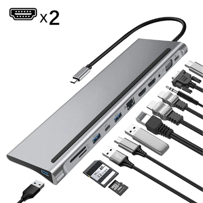 12-In-1 USB Type-C Hub to Dual -HDMI-compati Rj45 Multi USB 3.0 Power Adapter Docking Station for Laptop Support Pd Transmission