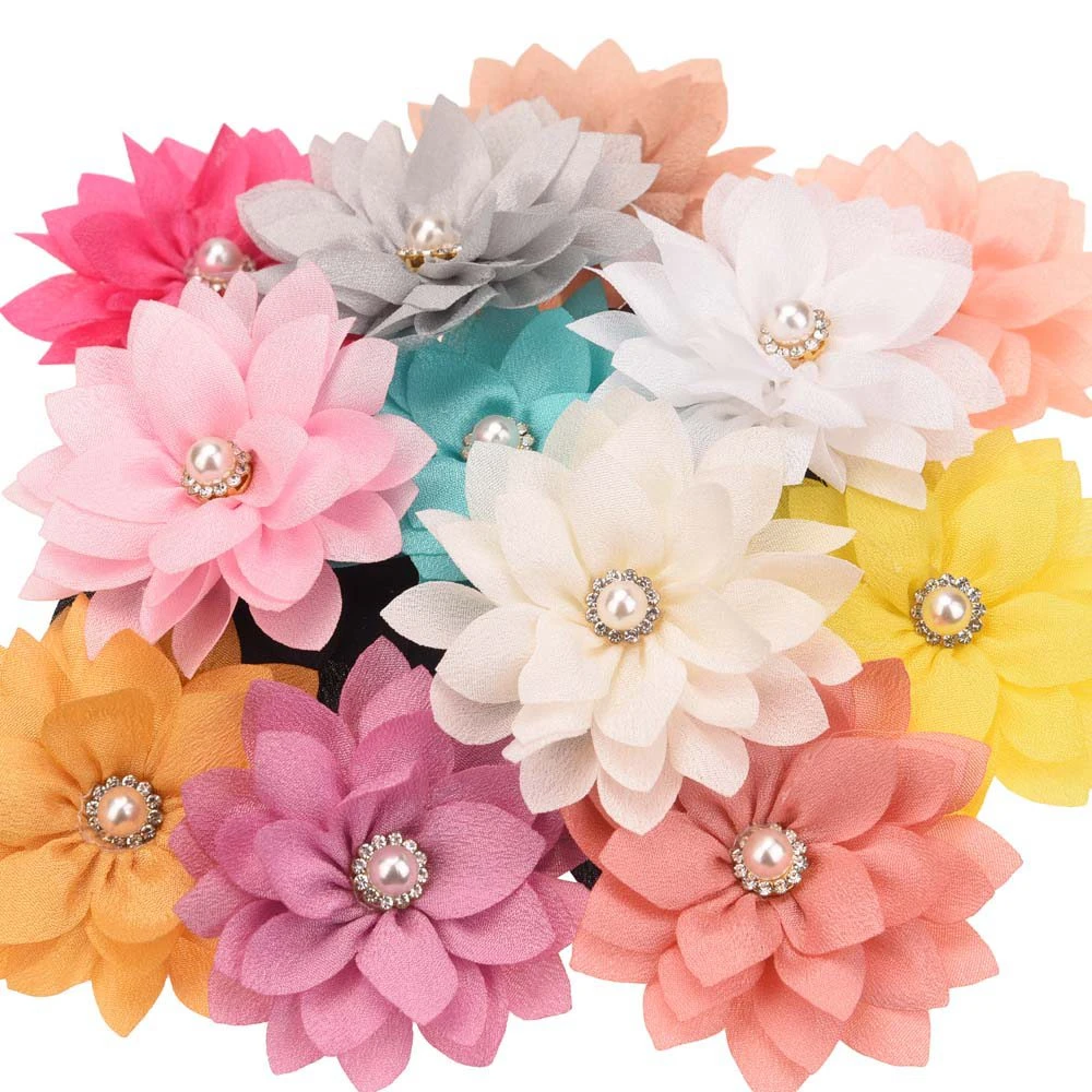 15PCS 2.2inch Hair Flower Pearl Center Sharp Flowers Hair Accessories for Girl Fashion Accessory No Hairclip for Headband
