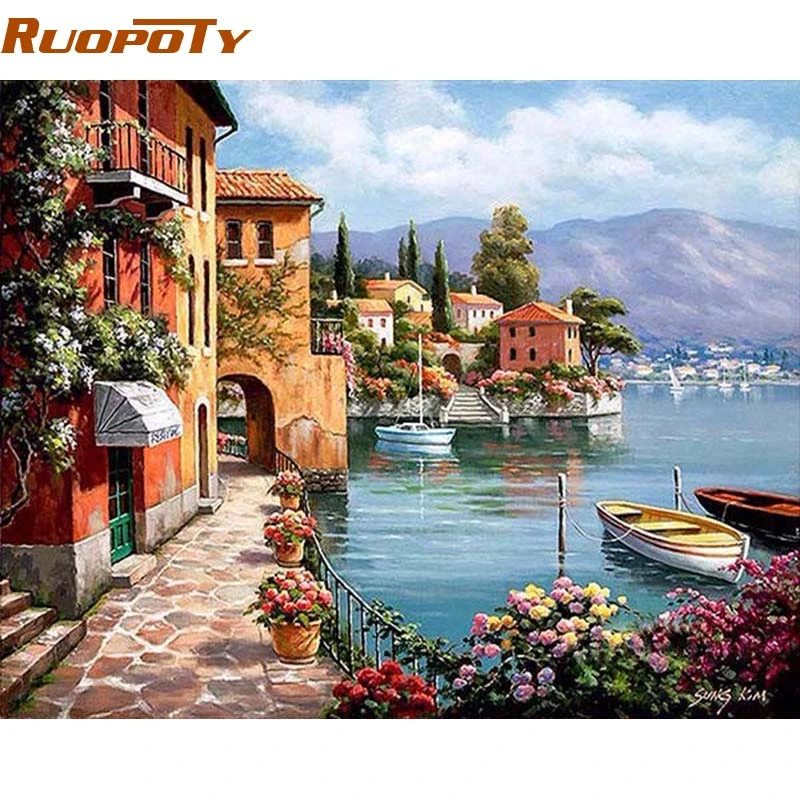 RUOPOTY Frame Venice Resorts Seascape DIY Painting By Numbers Handpainted Oil Painting Home Wall Decor Artwork 40x50cm Wall Arts