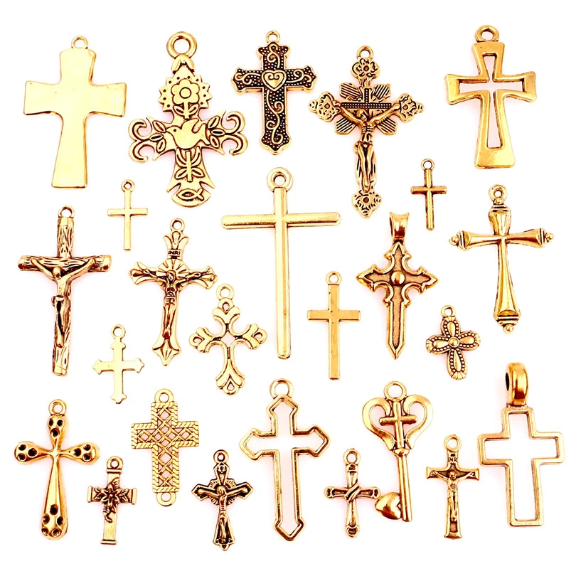 25pcs/Set Lot Vintage Gold Cross Pendant Charms For Jewelry Making Zinc Alloy Jesus Religious Faith Charm Frame Mixed Components