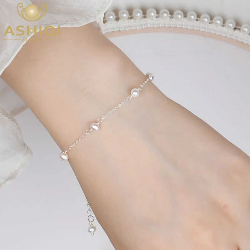 ASHIQI Real 925 sterling silver Chain Bracelet for women 4-5mm Mini Natural Freshwater Pearls Jewelry Gift