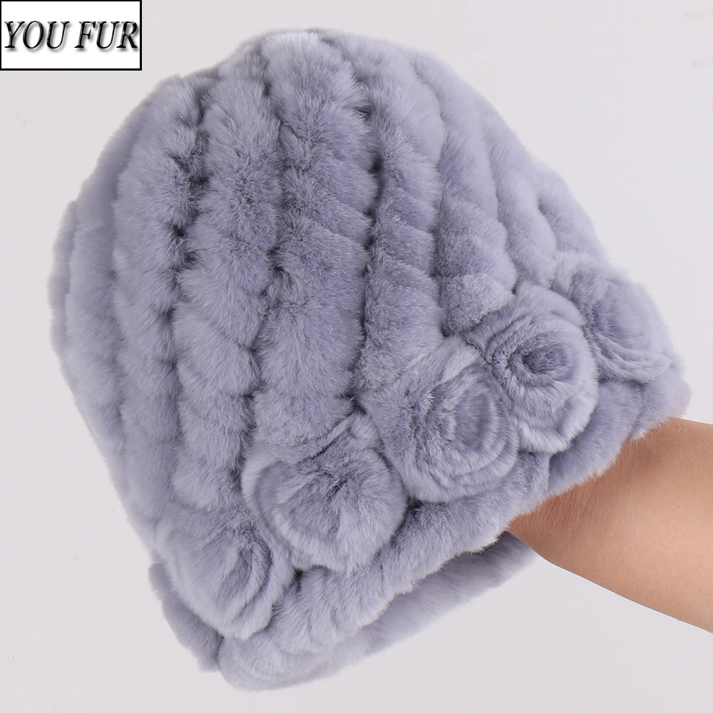 Winter Women 100% Natural Real Fur Hats Lady Warm Soft Knit Flower Striped Genuine Rex Rabbit Fur Caps Outdoor Fur Beanies Hats