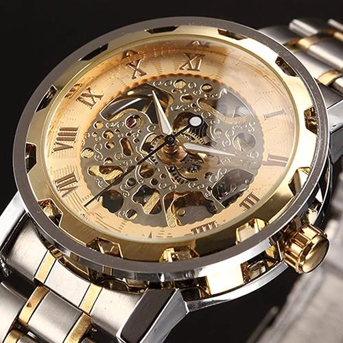 Men Watch Luxury Skeleton Roman Numerals Hollow Stainless Steel Dial Band Mechanical Men's Watch Gift Male Bussiness Wristwatch