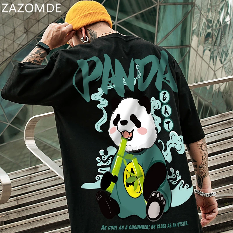 ZAZOMDE 2021 Hip Hop Tees T-Shirt Chinese Style Panda Harajuku Loose Men T Shirt Casual Summer New Oversized Male Punk Clothes