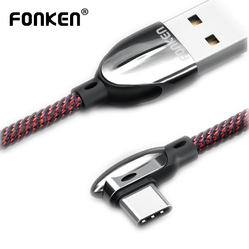 FONKEN 90 Degree USB Type C Cable Fast Charger 3A Type-C L Bend Cord Charge for Android Mobile Phone Data Cord Nylon Game Cable