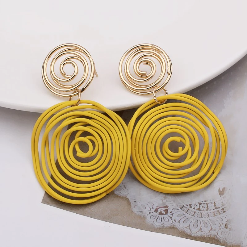 Korean Jewelry Round Triangle Heart Drop Earrings Yellow Wire Spiral Earrings Metal Maze Exaggerated Party Jewelry