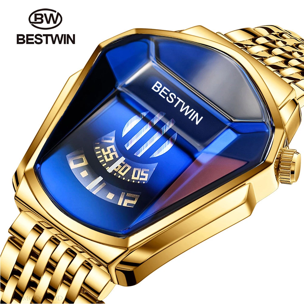 2021 BESTWIN Luxury Brand Sport Military Watch Men Gold Stainless Steel Quartz Waterproof Wrist Watches Clock Relogio Masculino