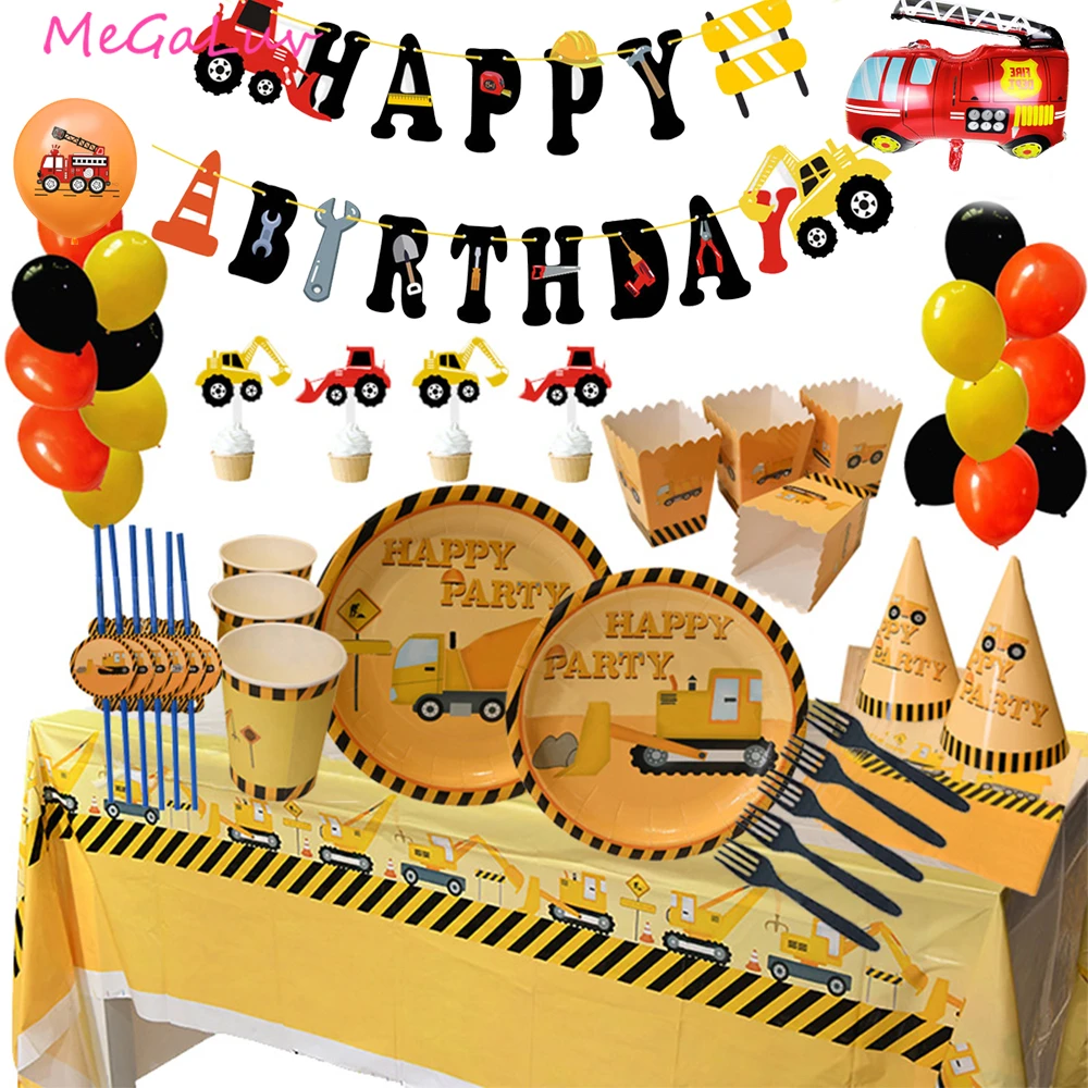 Construction Party Tableware Plates Vehicle Excavator Happy Birthday Banner Letter Flag Cake Topper Baby Shower Decor Balloons