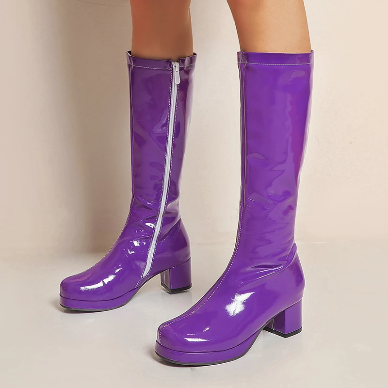 New Hot Women High Keen Boots Patent Leather Waterproof Knee High Boots White Red Party Fetish Boot Women's Shoes Autumn Winter