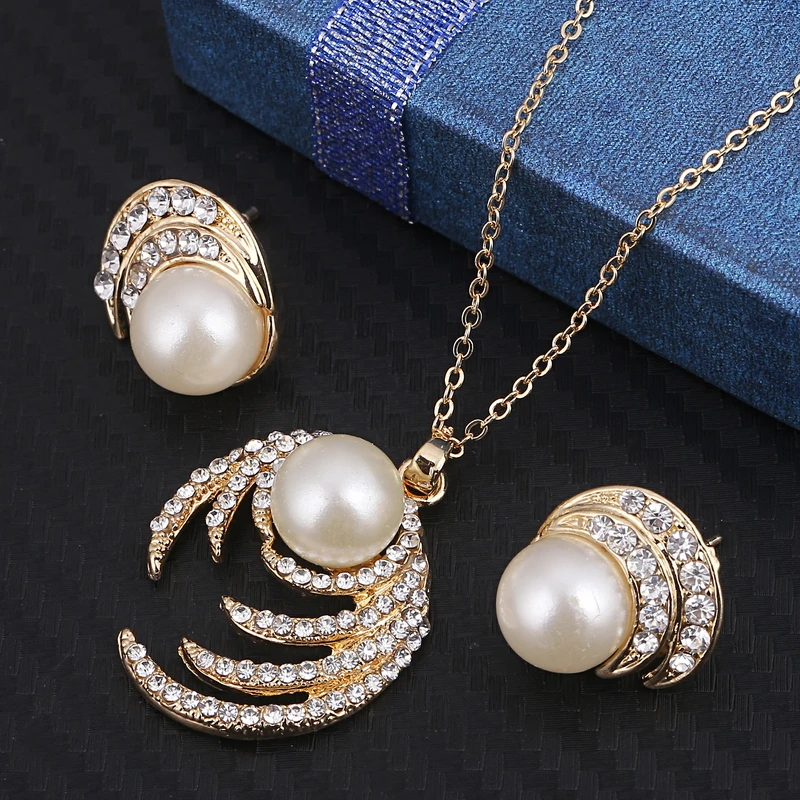 MINHIN Simulated Pearl Jewelry Sets For Women Shinning Crystal Necklace Earrings Set Wedding Graceful Jewellery Sets