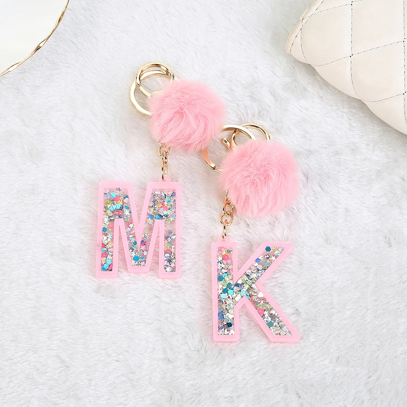 1PC Women Keychains 26 Glitter Hollowed-out  Words Handbag English Letter Keyring  with Puffer Ball Charms