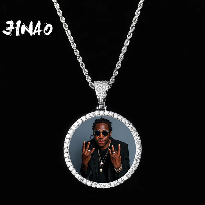 JINAO NEW Custom Ice out Large size Photo Round Necklace & Pendant With 4mmTennis Chain AAA Cubic Zircon Hip hop Jewelry