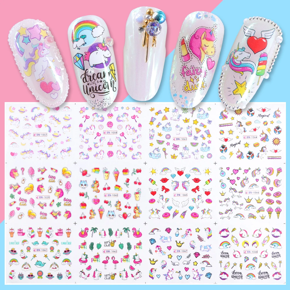 4 or 12 Designs Cute Rainbow Sliders for Nails Watermark Sticker Wings Lovely Nail Art Decorations Manicure Tattoo LABN1057-1068