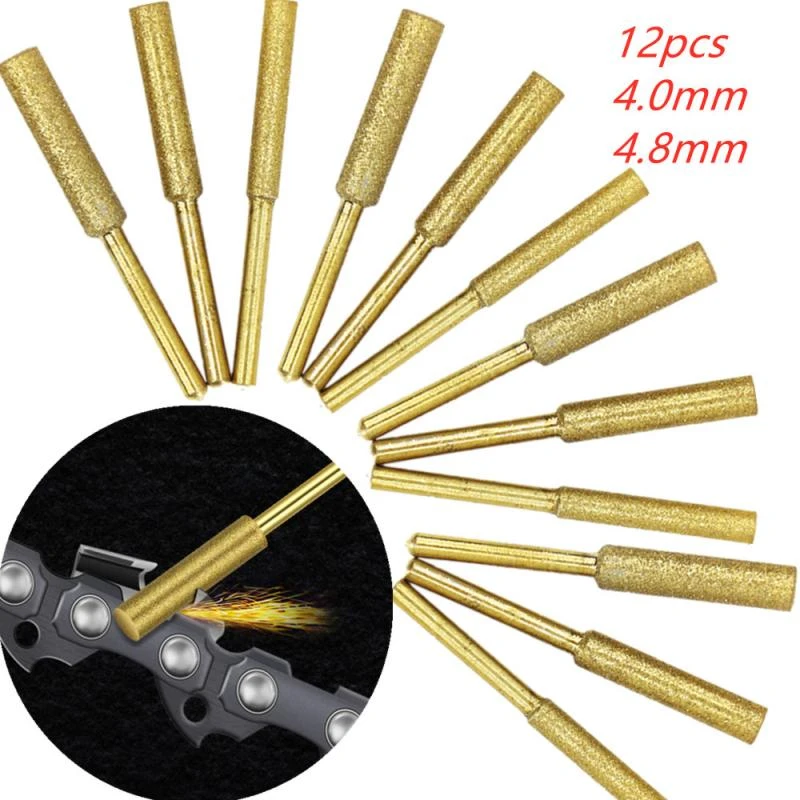 12Pcs Diamond Coated Cylindrical Burr 4.0mm 4.8mm Chainsaw Sharpener Stone File Chain Saw Sharpening Carving Grinding Abrasive