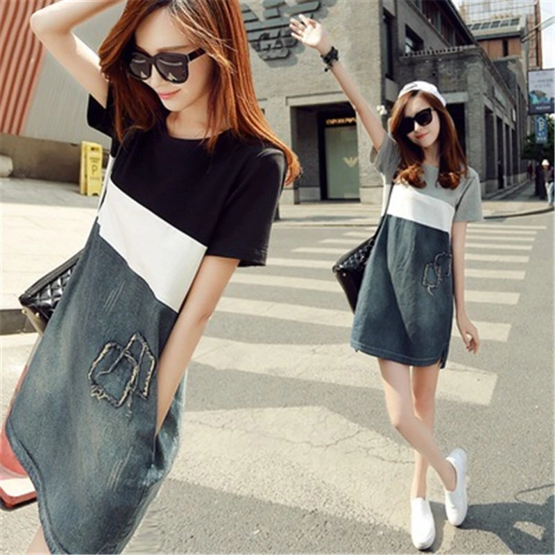 Summer New Short-sleeved Stitching Denim Dress Female Korean Version Oversized Women's A-line Dresses Casual Pocket Street Dress