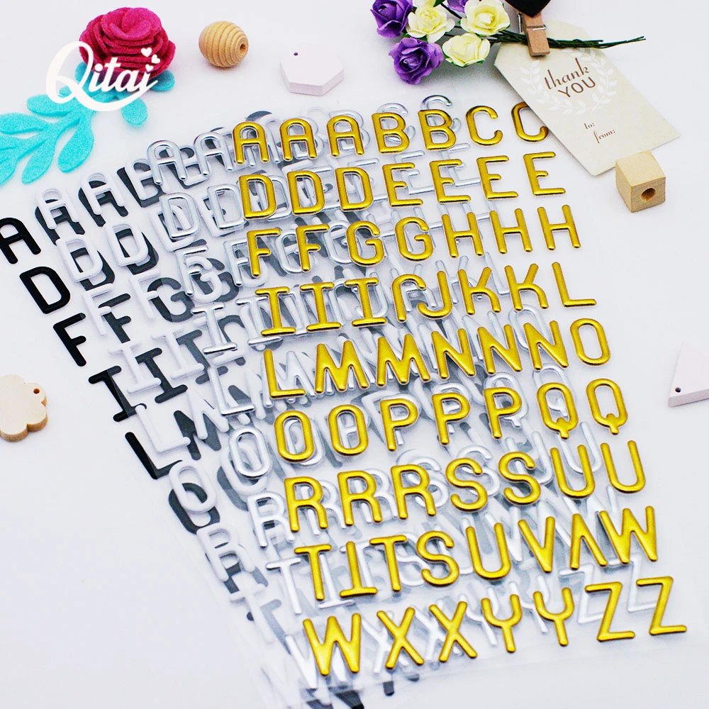 Alphabet Letter Numbers Puffy Sticker QITAI 4 sheets 24Cm*12Cm Silver/Gold /black/white Decorative for DIY Scrapbooking  PS002