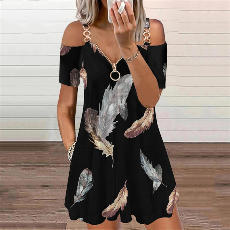 2021 Summer New Fashion Dresses for Women V-Neck Zipper Camisole Print Casual Short Sleeve Loose Temperament Party Midi Dress