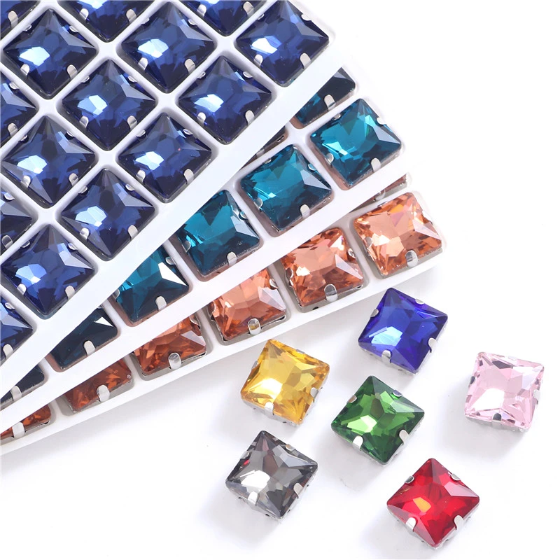 Square Glass Sew on Rhinestone Crystal with Silver Claw Sew on Gemstones Rhinestones for Needlework Clothing Accessories Diy