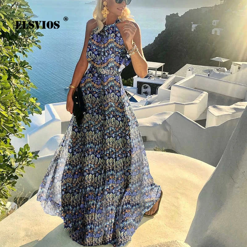 Fashion Women Sexy O Neck Halter Print Summer Dress Casual Bohemia Sleeveless Beach Holiday Long Dresses Elegant Slim Vestidos