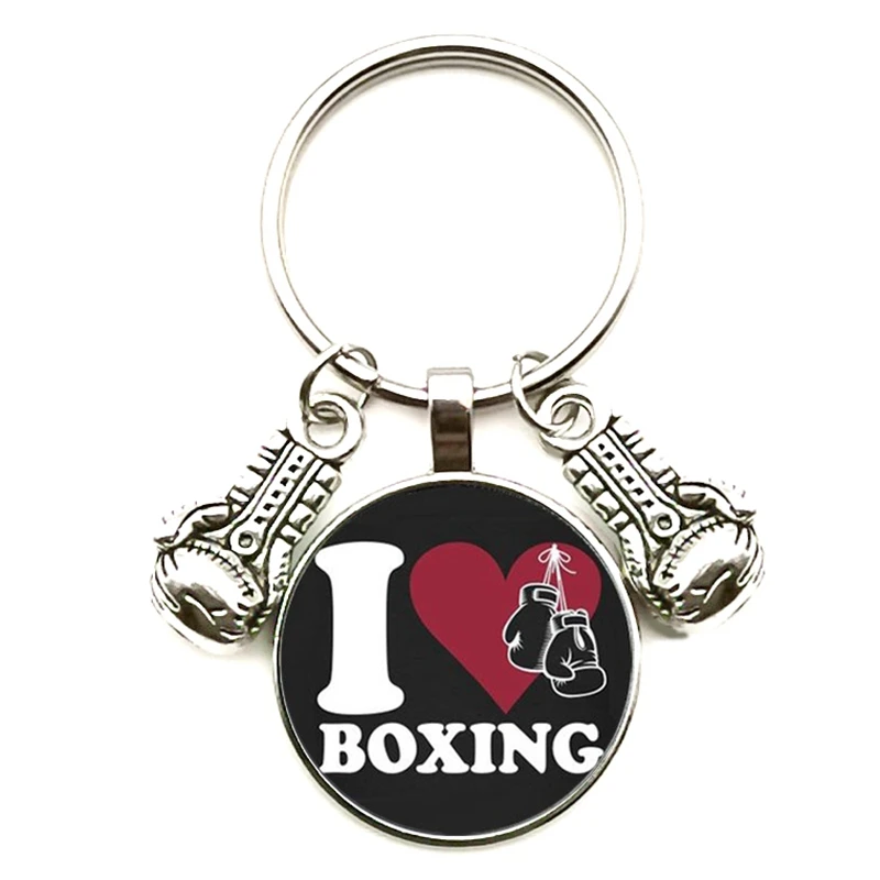 New Fashion Glass Cabochon Key Chain Boxing Gloves Pendant Boxing Lobster Clasp DIY Men and Women Car Keychain Gift