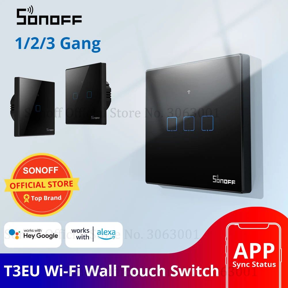 SONOFF T3EU TX Smart Wifi Wall Touch Switch Black With Border Smart Home 1/2/3 Gang 433 RF/Voice/APP Control Works With Alexa