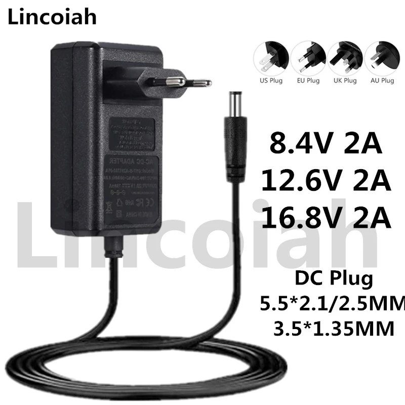 Lincoiah 8.4V 12.6V 16.8V 2A Lithium Battery Charger US EU Power Adapter for 2S 3S 4S 18650 Rechargeable Li-ion Battery Charger