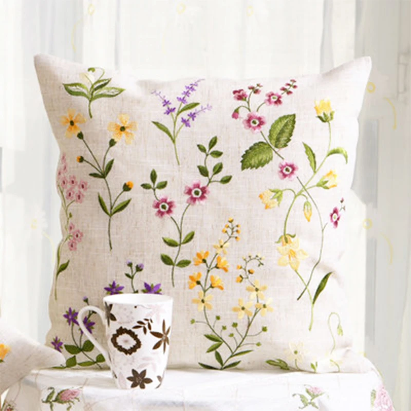 Idyllic style simple fashion embroidery flowers design for bedside waist pillow case sofa cushion cover