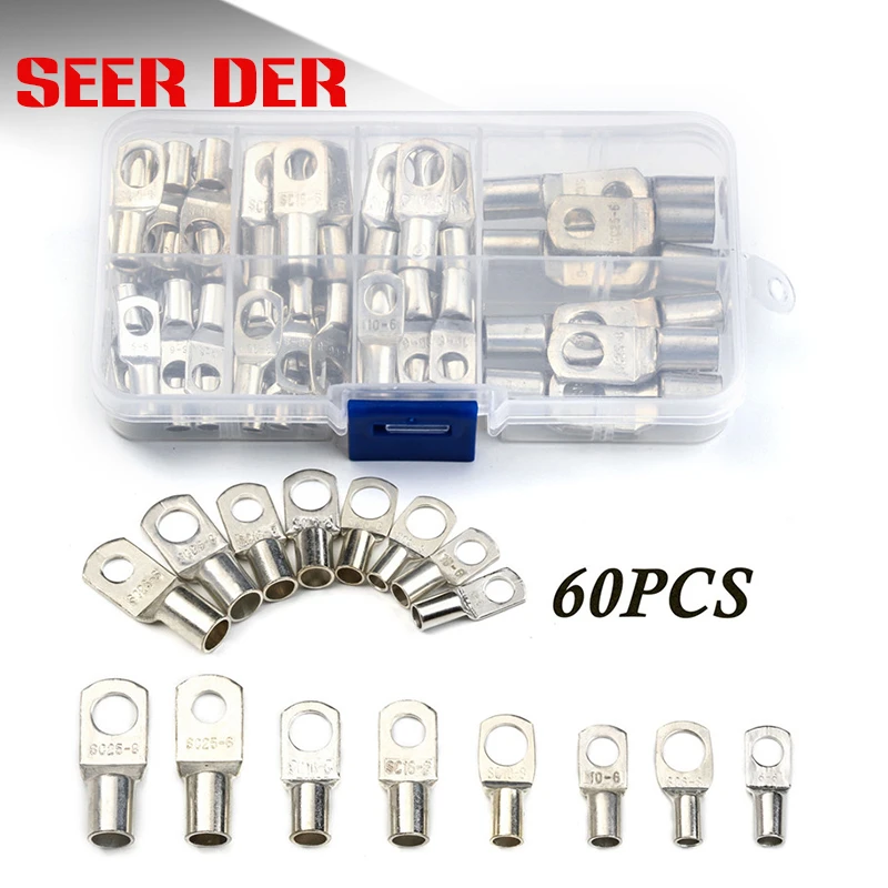 60Pcs SC Bare Terminals lug Tinned Copper Tube Lug Ring Seal Battery Wire Connectors Bare Cable Crimped/Soldered Terminal Kit