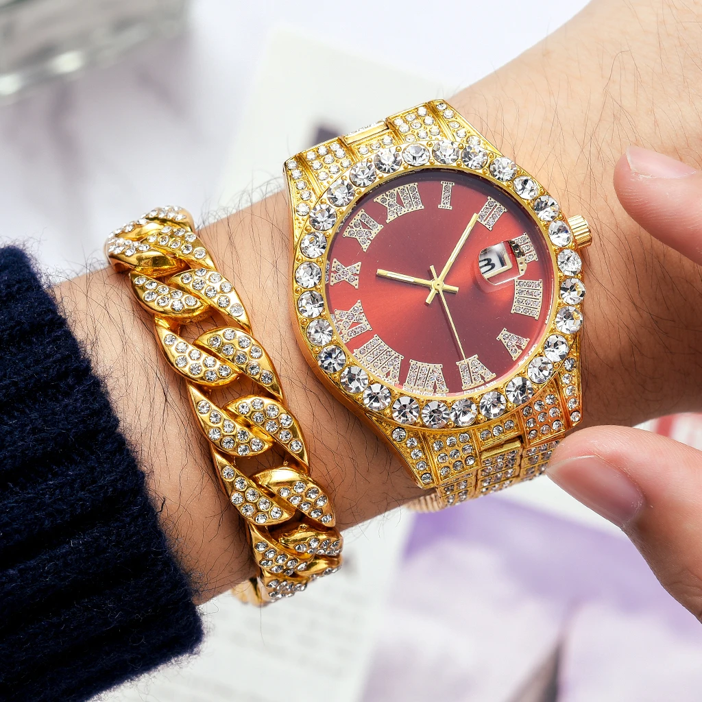 2PCS New 2021 Men Stainless Steel Watch Set Gold Luxury Fashion Calendar Quartz Watch Rhinestone Wristwatch Man Clock Reloj