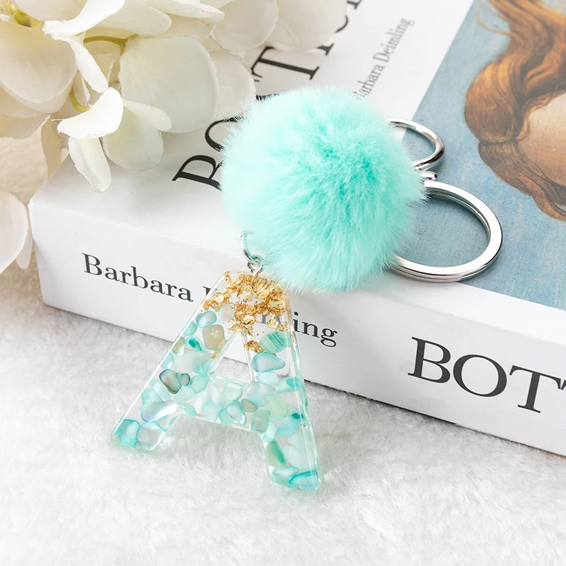Pompom Letter Keychains English Alphabet Keyring Holder Ball Glitter Resin Car  Charms Key Rings Chains Trendy Jewelry Gifts