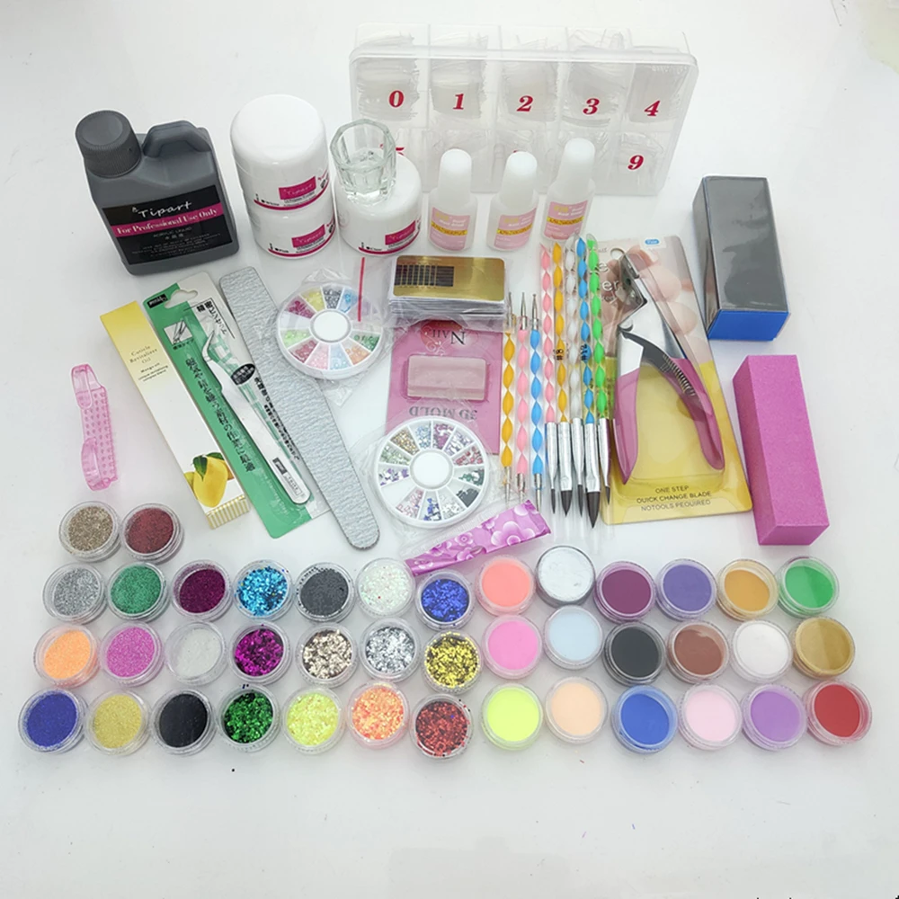 Professionals Acrylic Nail set 120ML Liquid 42 Color Powder Glitter Clipper Primer File Nail Art Tips Tool Brush Tools Set Kit