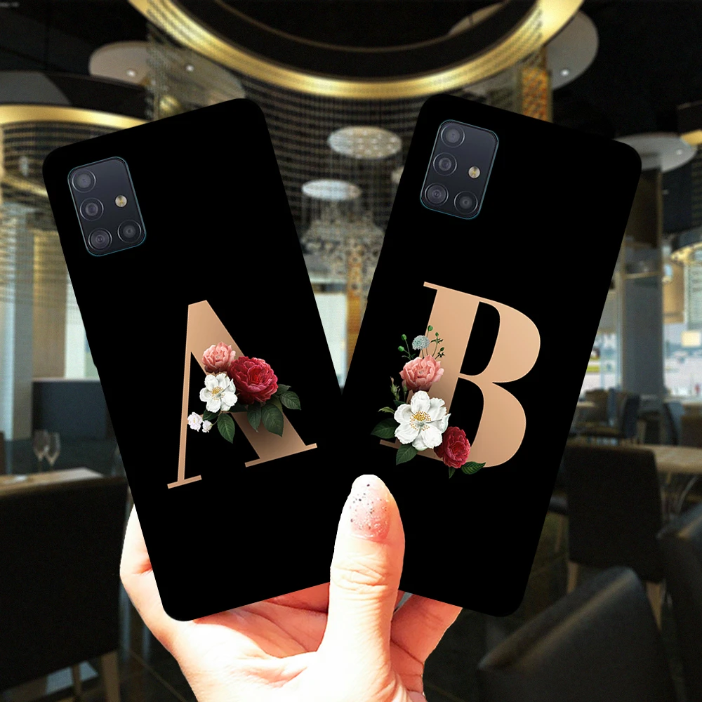 Fashion Flower Custom 26 Initial Letters Soft Black Silicone Case Cover For Samsung A51 A71 A21S A30 A31 A40 A50 A70 A10 A20