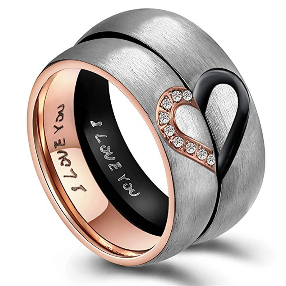 Rose Gold/Black Color Heart Couple Rings Stainless Steel Couples Lovers Love Promise Ring For Men Women Jewelry Dropshipping