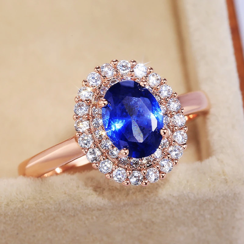 Huitan Fashion Oval Deep Blue Stone Women Wedding Bridal Rings Rose gold Color Gorgeous Engage Ring Mother’s Gift Noble Jewelry