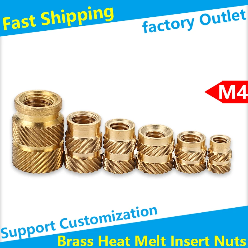 SL-type Double Twill Knurled Brass Injection Nut Brass Hot Melt Inset Nuts Heating Molding Copper Thread Inserts Nut M4 50Pcs
