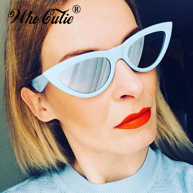 WHO CUTIE Cat Eye Sunglasses Women Brand Designer Vintage Retro Female 70s 80s 90s Sun Glasses Blue Frame Mirror Shades OM655