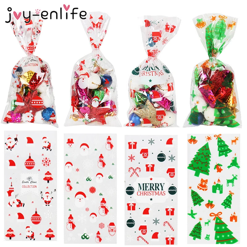 50pcs Christmas Gift Bag Cartoon Santa Claus Print Cellophane Bags Baking Candy Packaging Bags Xmas Party New Year 2021 Navidad
