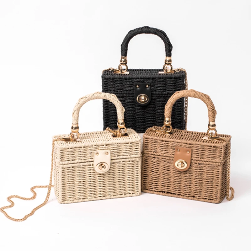 New rattan black straw Shoulder Bag Women hand-woven Messenger Bag Summer Beach Square box Straw Handbag For lady Bolsa Feminina