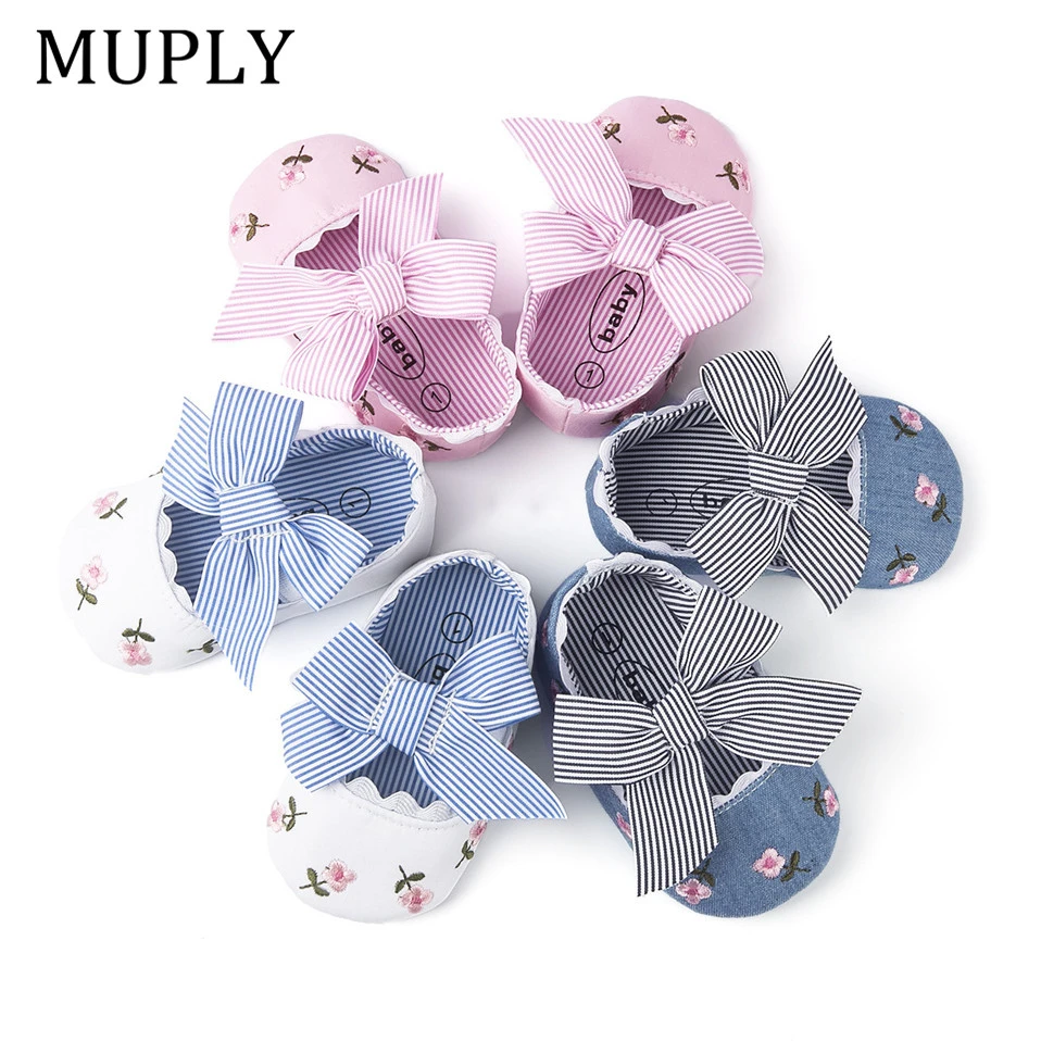2019 Floral Embroidery Baby Shoes For Newborn Baby Girl Striped Bow First Walker Soft Soles Cute Toddler Anti-Slip Princess Shoe