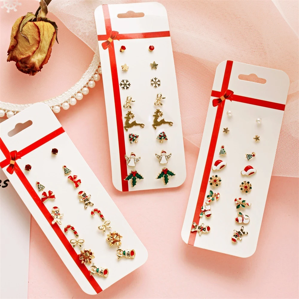 8pcs/set Christmas Earrings Jewelry Accessories Set Cute Santa Claus Snowman Tree Bell Christmas Gifts For Women Girls Kids