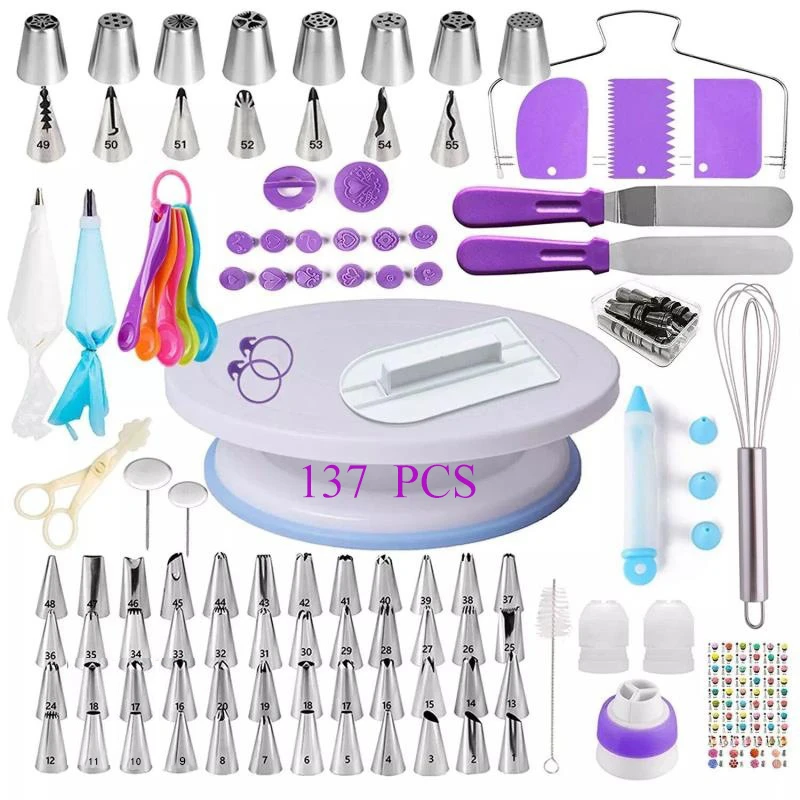 137 Pcs/set Cake Turntable Cake Decorating Tools Kit Rotary Table Baking Tool Piping Nozzle Piping Bag Set Baking Supplies Sets