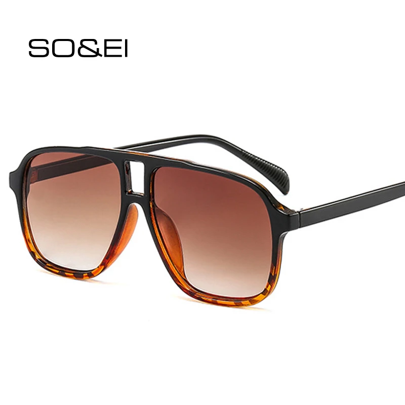 SO&EI Fashion Square Double Bridges Sunglasses Women Clear Anti-Blu-Ray Lens Eyewear Men Glasses Frame Tea Gradient Shades UV400